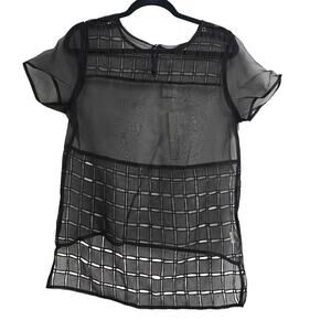 Line & Dot Black Sheer Silk Grid Blouse Women’s Size M Minimalist Quiet Luxury